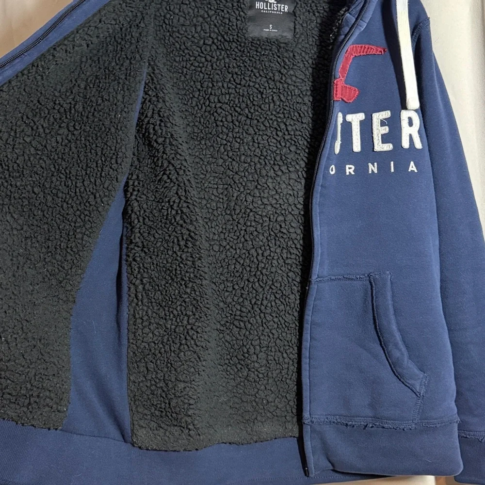 Y2K‎ Hollister Men’s Sherpa Lined Full Zip Collar Hoodie Navy Logo Size Small